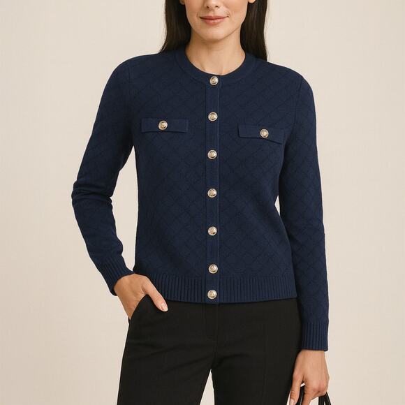 St. John Navy Diamond Knit Cardigan with Gold Crest Buttons Size 8 - Picture 1 of 7